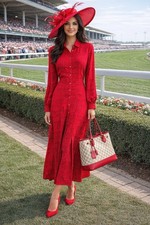 VTG J Crew Red Bow Maxi Dress Sz 10 Drop waist Pleated Modest Button up Classy 