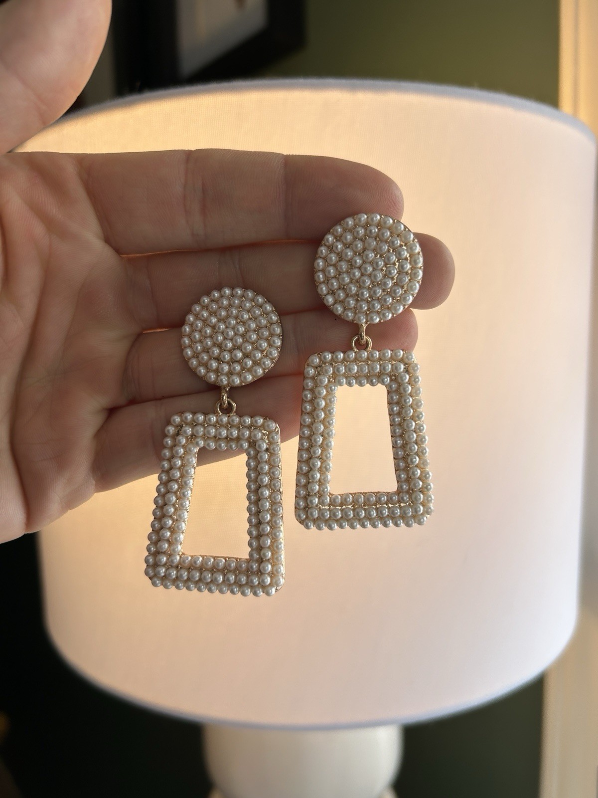 White Pearl Rectangular & Round Beaded Drop Earri… - image 2