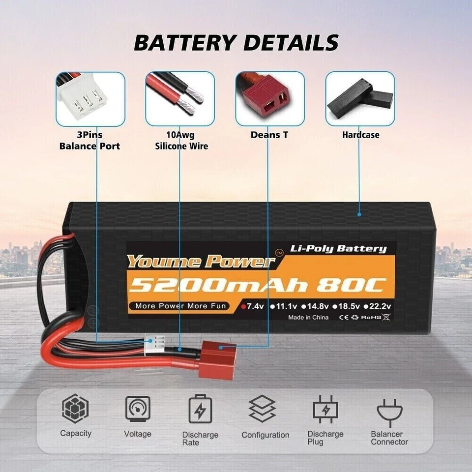 2 Stück 7,4V 2S 5200mAh 80C Hardcase LiPo Akku Deans für RC Auto LKW Truck FPV - Bild 4 von 4
