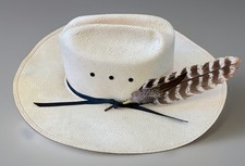 Vtg TEXAS HAT Co Straw Cowboy Hat Cattleman Handwoven Shantung Feathers 6 5/8