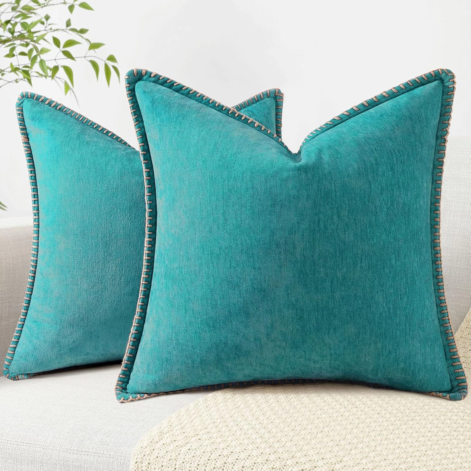 Spring Chenille Soft Throw Pillow Covers 18x18 Set of 2, Farmhouse Velvet Neutra