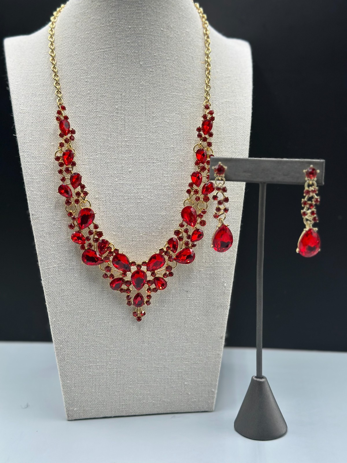 Red Rhinestone Statement Necklace Dangle Earrings… - image 3