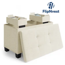 Ottoman Bench 30" Beige Linen Fabric Storage with Hidden Compartment & Bins