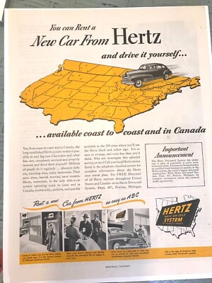 1947 Print Ad Hertz 'Driv-Ur-Self' System, Map, Easy Steps Shown 13'' x 10''
