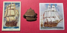 H.M.S. VICTORY HORATIO NELSON 1905 PIN BLENDED SHIP'S COPPER & 2 TOBACCO CARDS