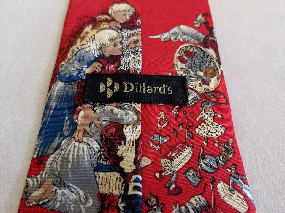 Vintage Dillards Santa With Children Toys Men's Christmas Tie Silk Red - Image 4 of 4