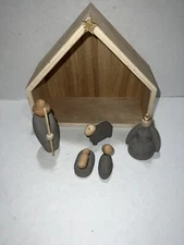 6 pc Christmas Nativity Creche Concrete Stone Wood Baby Jesus Angel Manger