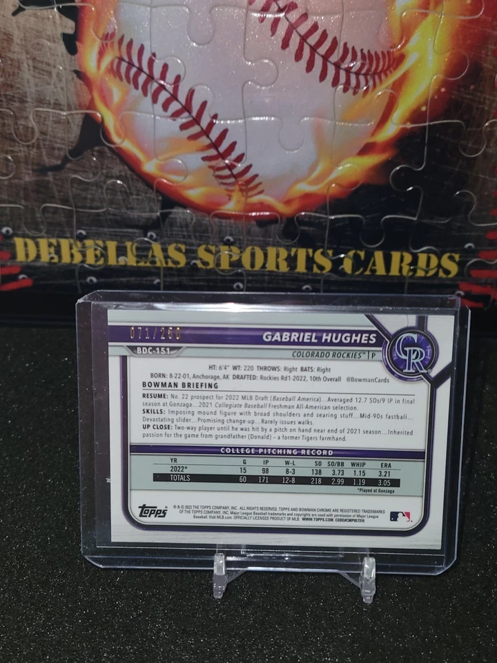 22 Bowman Draft Chrome Purple #BDC-151 Gabriel Hughes /250 - Colorado Rockies! - Image 2 of 2