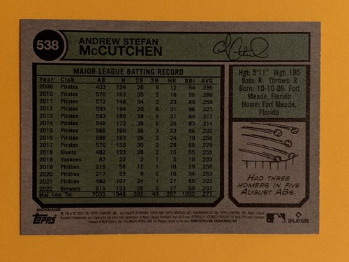 ANDREW "CUTCH" MCUTCHEN 2023 Topps Heritage #538 VARIAZIONE SOPRANNOME SSP PIRATES - Foto 2 di 2