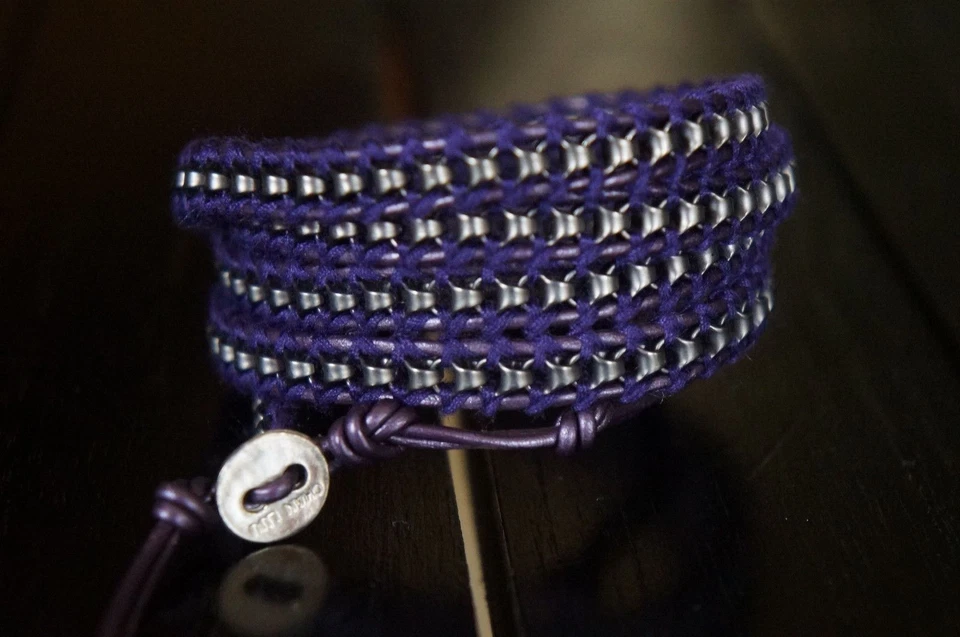 NUEVO Diseñador Chan Luu Hombres Mujeres Gunmetal Cadena 5 Envolturas Pulsera Cuero Púrpura Foto 3 de 3