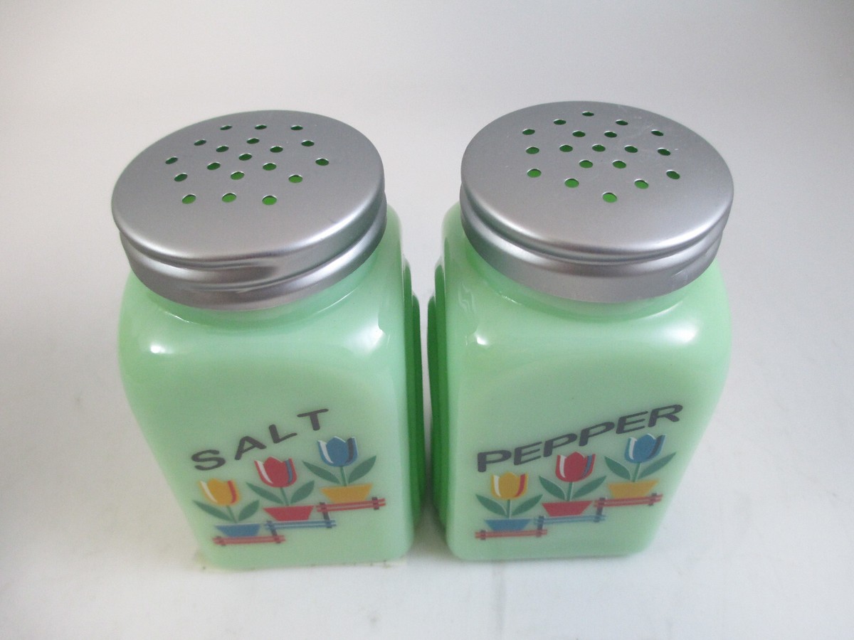 Jadeite Arch Salt Pepper Set Tulips Green Retro Reproduction Mid