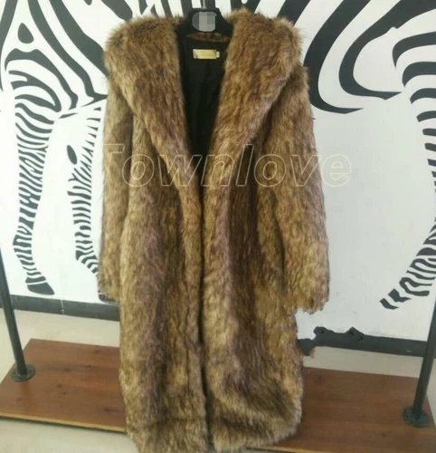 Mens Furry Faux Fox Fur Winter Warm Long Thick Outwear Coat Parka Luxury Jackets - Picture 9 of 11