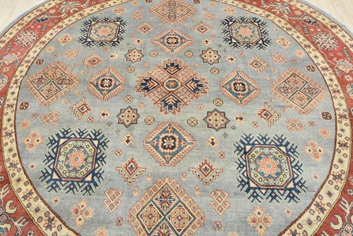 Kazak Rug 9'1'' x 9' Round Blue Wool Tribal Hand-Knotted Oriental Carpet - Picture 6 of 15