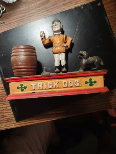 Vintage Cast Iron Trick Dog Bank Works Well~Has Stopper