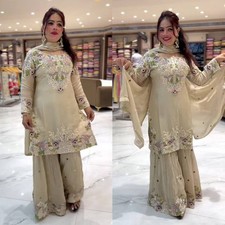Fashionable Beige Natural Crepe Kurta Palazzo With Dupatta For Wedding  Party