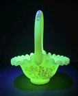 ​Fenton Custard Uranium Glass Basket Hand Painted N Alderman Ruffled Signed Vtg