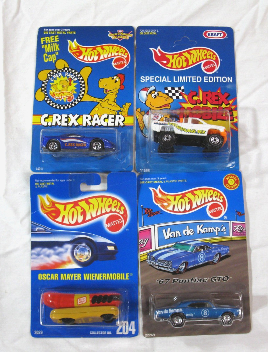 4 Hot Wheels Vehicles Cars Oscar Mayer Van De Camps and Kraft 1990s On Cards NOS