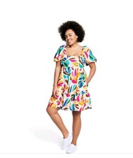 Tabitha Brown x Target Dress M NWT Linen Blend Botanical Puff Sleeve Multicolor