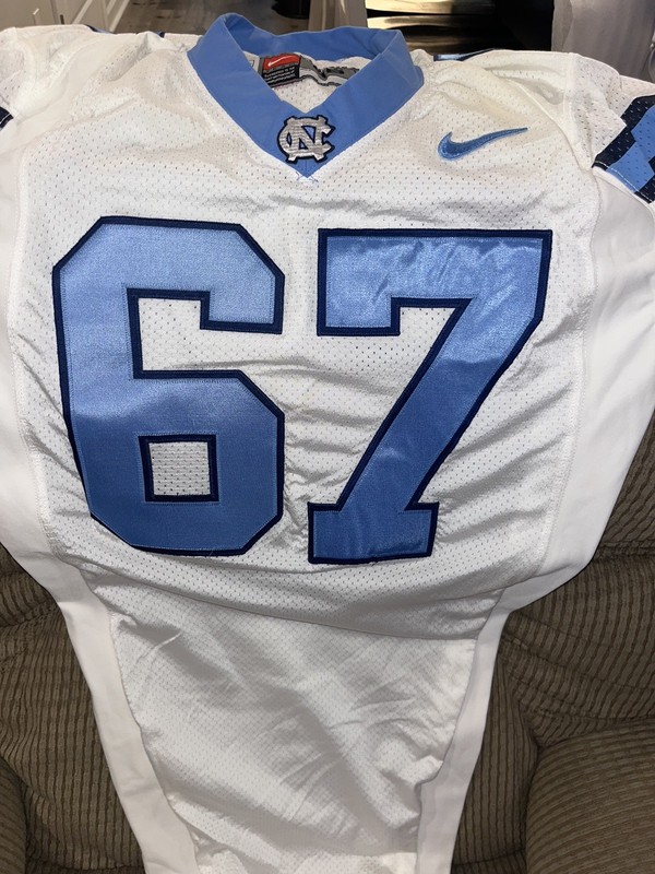 Game Used White Nike North Carolina Tar Heels Football Jersey #67 Size 48 Large