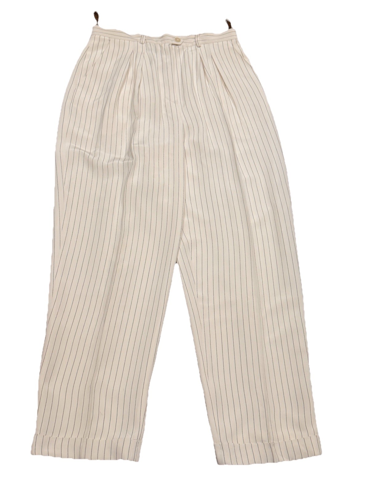Lauren Ralph Lauren 100% Silk White Blue Pinstripe Dress Pants 14 Cuffed Lined