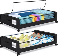 Under Bed Storage with Wheels Set of 2 - Rolling Under Bed Drawers, Storage Cont