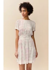 DOLAN Womens Beige Tie Dye Short Sleeve Jewel Neck Short Fit + Flare Dress S