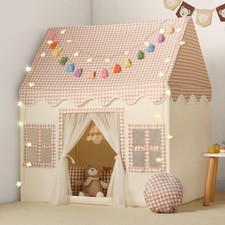 Kids Play Tent Indoor: with Brown Checkered, Mat, Rainbow Tissue Garland, Sta...