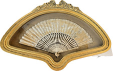 Antique Victorian French Mother-of-Pearl  Lace Hand Fan Gilt Shadowbox Frame