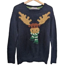 Jolt Christmas Moose Navy Blue Pullover Knit Sweater Women Sz M Holiday Party