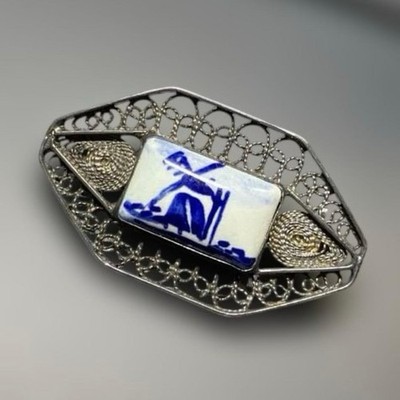 Vintage Dutch Delftware Brooch, Landscape Ceramic Pin, Retro Collectible