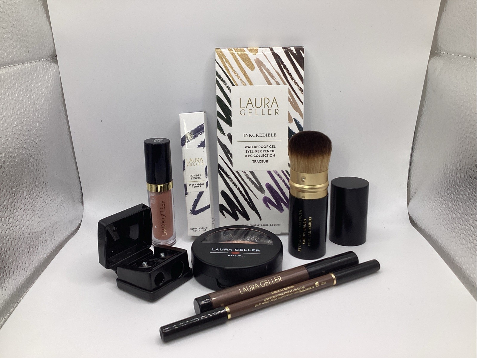 Laura Geller 8pc Gel Pencil, Power Pencil,highlighter, Brows,Lip,Brush,Sharpener