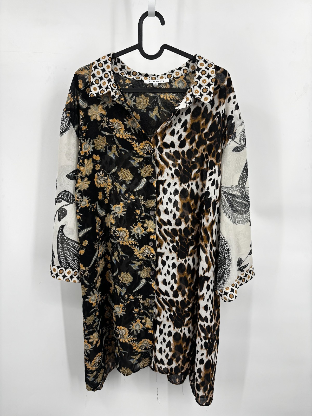 Rose + Olive Womens Button Up Shirt Tunic Mixed Print Multi Leopard Floral Sz 2X