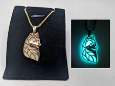 Siberian HUSKY GLOW in the DARK Gold Filigree Charm Necklace - Pendant Dog Pet