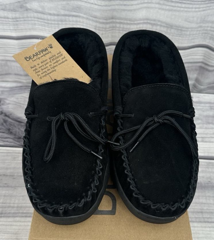 BEARPAW MOC II WIDE SUEDE SLIPPERS   Men's Size 10 Wide   BLACK   NEW IN BOX!!