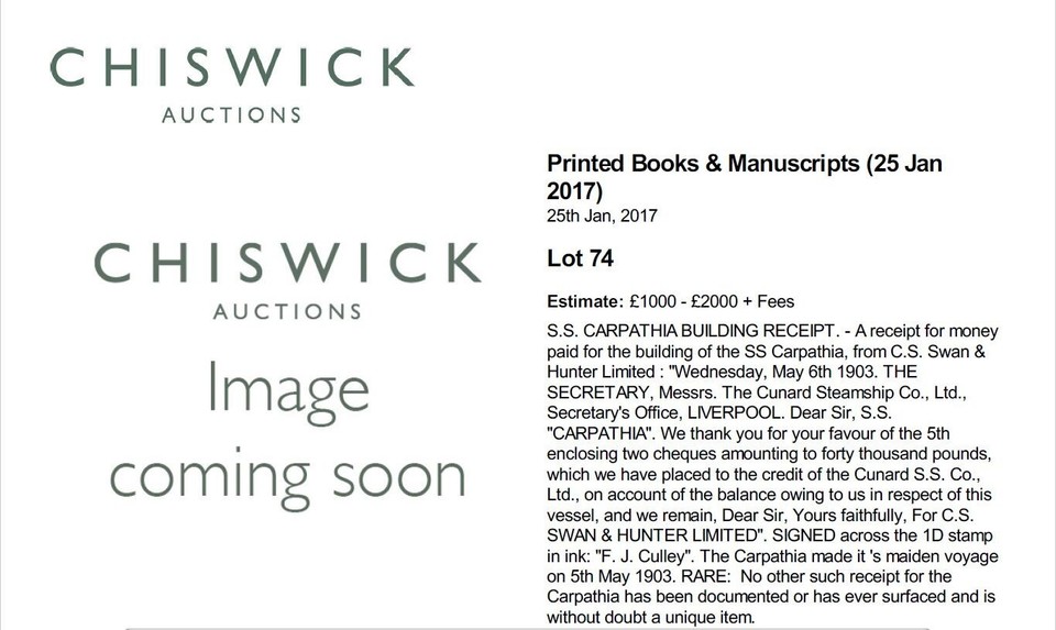 S.S. CARPATHIA BUILDING RECEIPT. The Titanic Rescue Ship eBay
