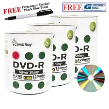 300 16X Smartbuy Shiny Silver DVD-R Record Media Disc + Black Permanent Marker