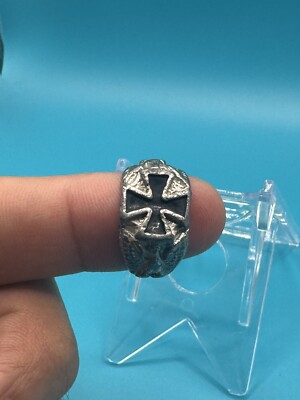 Vintage Black Iron Cross Solid Ring With Side Bird Engraving