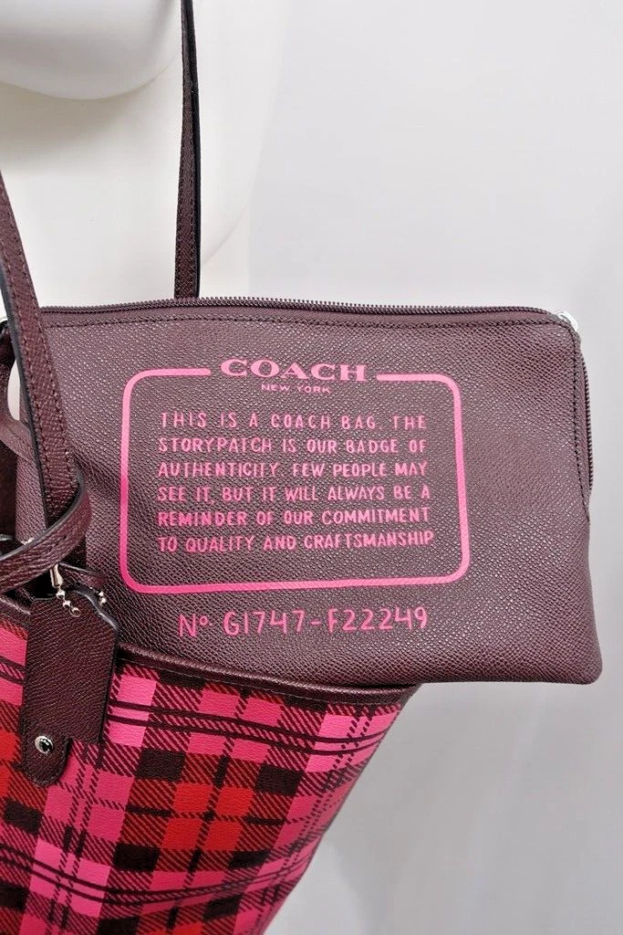Coach F22249 NUOVA Borsa Tote Reversibile Rivestita Tela Ombra A Quadri Rosa Rosso Marrone