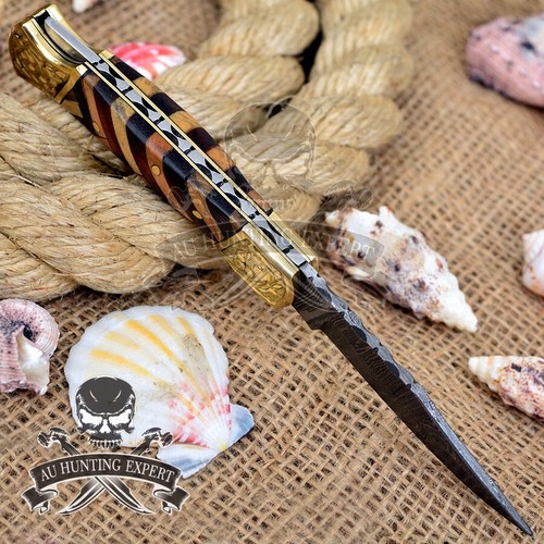 Handmade Brown Wood Damascus Pattern Steel Pocket Knife Folding Hunting Camping - Picture 2 of 6