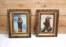 Vintage Sacred Heart Jesus Carrying Cross 3D Resin Framed Wall Art Plaques Set 2