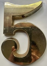 FIVE 5 POLISHED BRASS PLATED METAL HOUSE ADDRESS NUMBER, 6" HIGH 1.5 POUNDS NEW