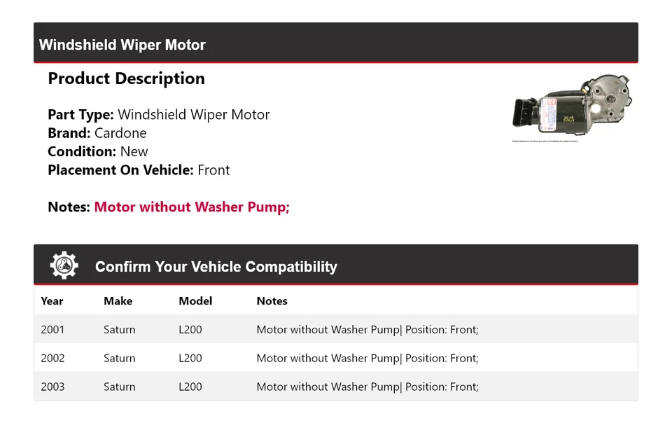 适用于 2001 - 2003 年土星 L200 挡风玻璃雨刮电机前 Cardone 2002 — 第 2/4 张图片