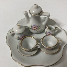 Vintage gold trimmed 10 piece fine Porcelain mini tea set Gold Tone Trim Rose