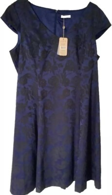 Neu Jacques Vert Kleid 16 22 blau schwarz rose Jacquard Fit & Flare Hochzeit Party