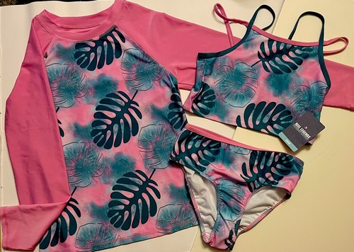 NWT Reel Legends Girl Swim Bathing suit 3pc Blue Pink Palm Sz 16 Tankini Shirt - 第 1/6 張圖片