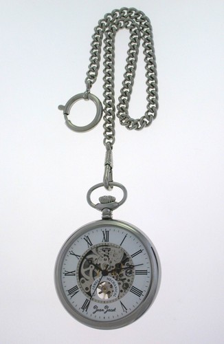 Jean Jacot Stainless Steel Lepine Skeleton Pocket Watch+Chain Hand Wound - Picture 2 of 4