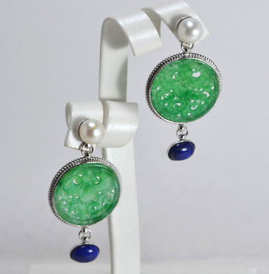 OHRRINGE SILBER 925 PERLEN JADE RUND UND LAPISLAZULI AGHT 024