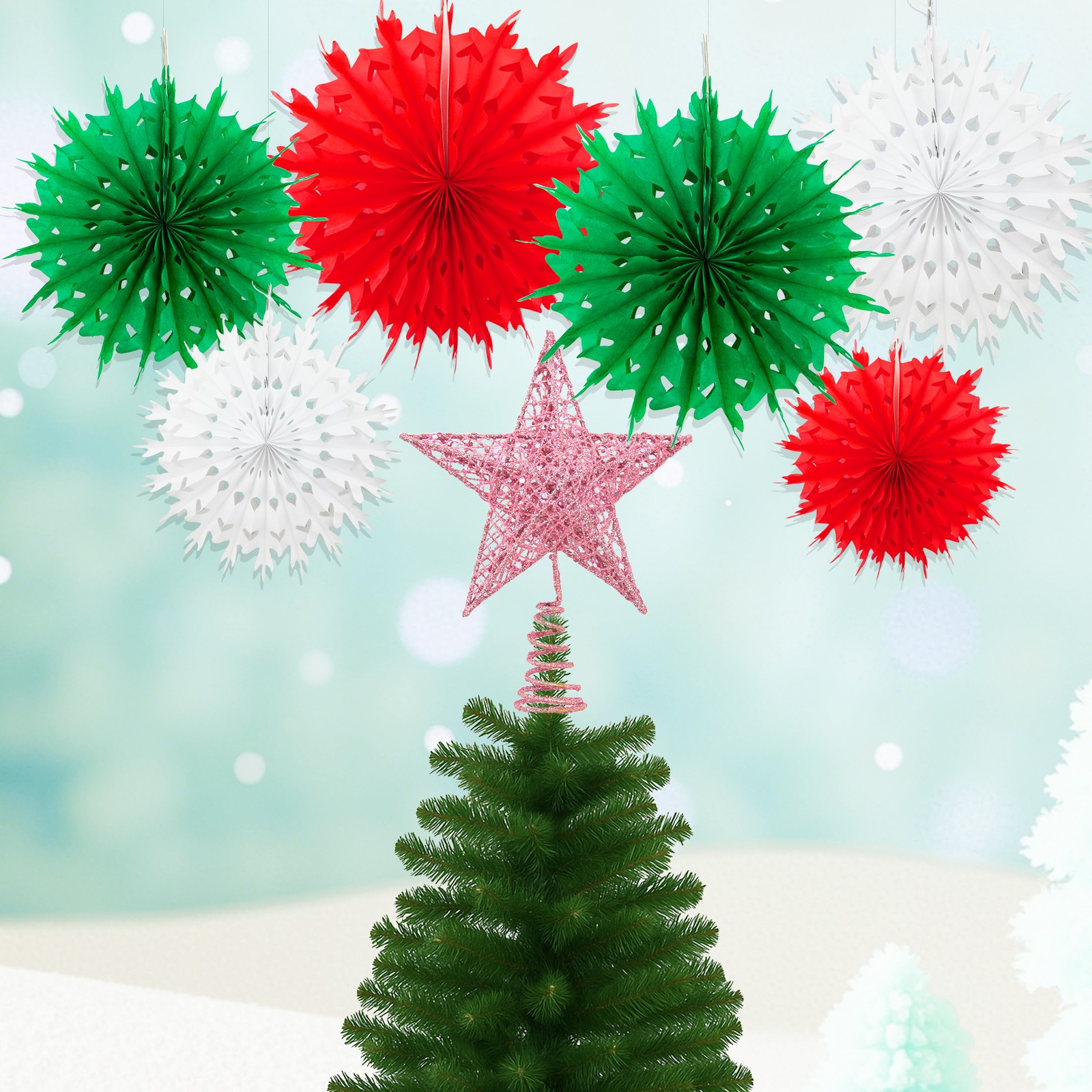 Time to Sparkle Christmas Sequins Glitter Tree Topper Xmas 6Mix Paper Fan Flower