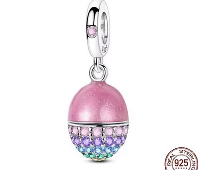 Rundes Ei Charm Perle glänzende Steine Silber S925 passend Universal Armband Geschenk
