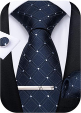 Plaid Ties for Men Silk Checkered Necktie and Pocket Square Cufflinks Tie Clip S